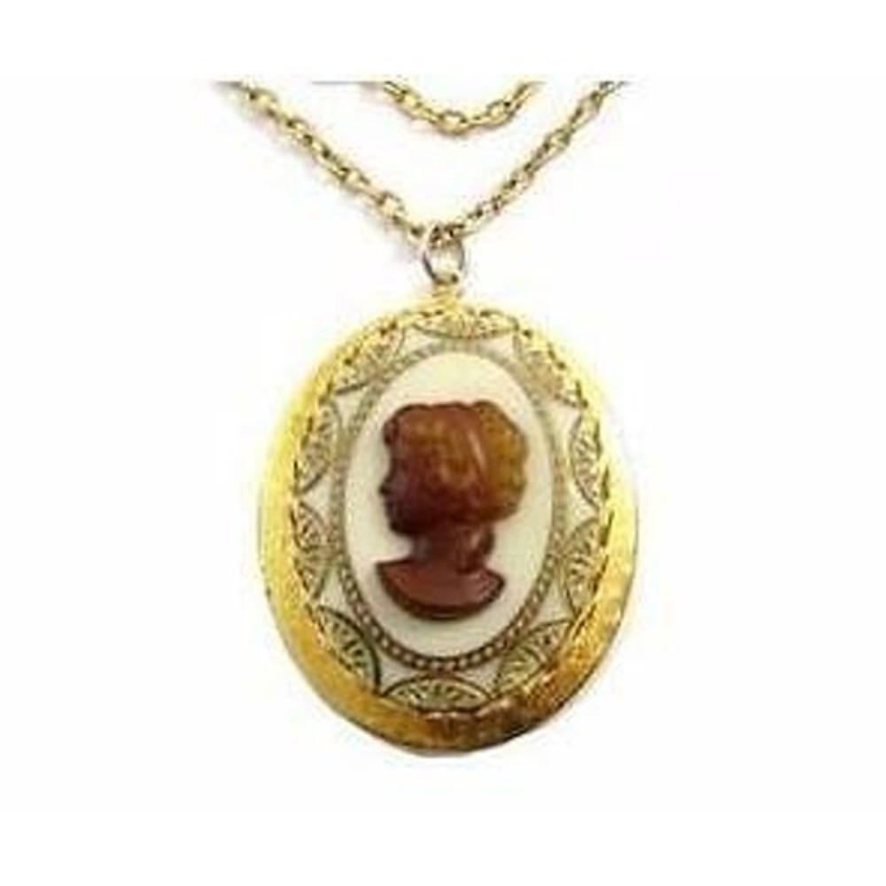 Elegant Vintage Gold Plated Glass Cameo Photo Locket Pendant‎ Chain Necklace